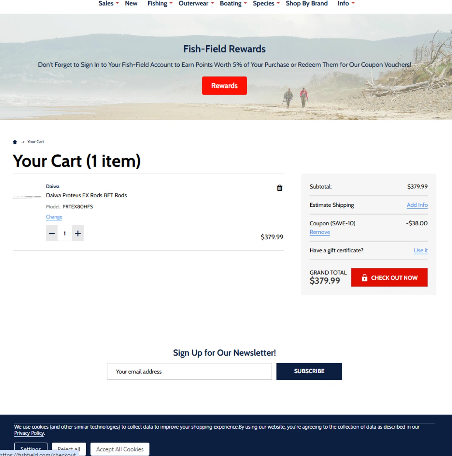 Fish-Field promo code screenshot showing code SAVE-10 applied at Fish-Field checkout page. Uploaded by SimplyCodes community member reggiesmith on Jan 8, 2026