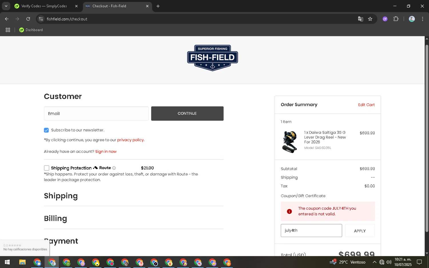 Fish-Field promo code screenshot showing code july4th applied at Fish-Field checkout page. Uploaded by SimplyCodes community member CleverRanger7308 on Jul 10, 2025