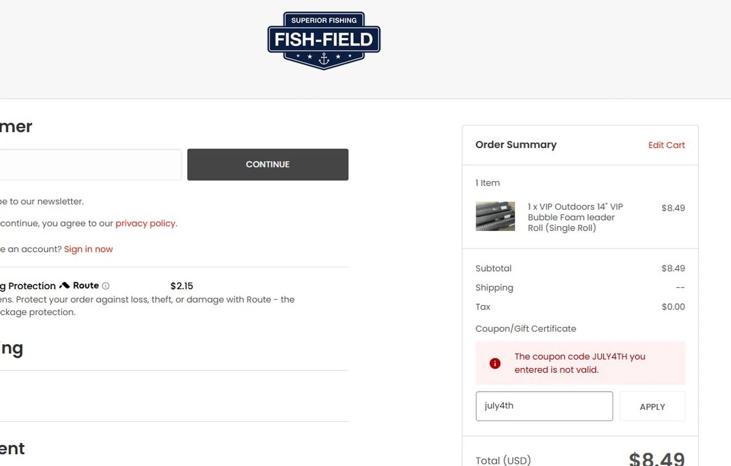 Fish-Field promo code screenshot showing code july4th applied at Fish-Field checkout page. Uploaded by SimplyCodes community member Quemiras on Jul 10, 2025