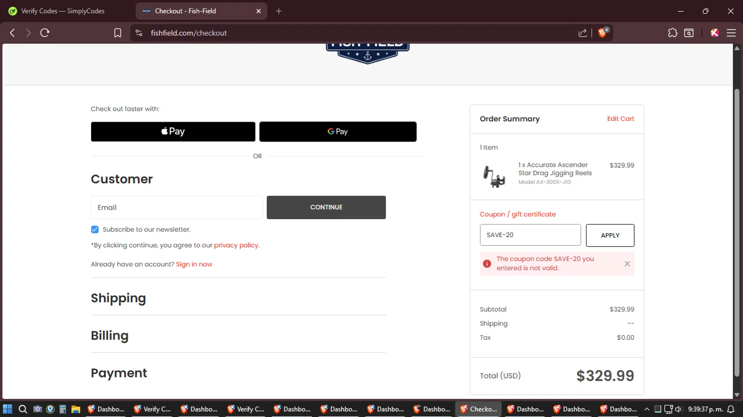 Fish-Field promo code screenshot showing code SAVE-20 applied at Fish-Field checkout page. Uploaded by SimplyCodes community member Shizuku on Feb 17, 2026