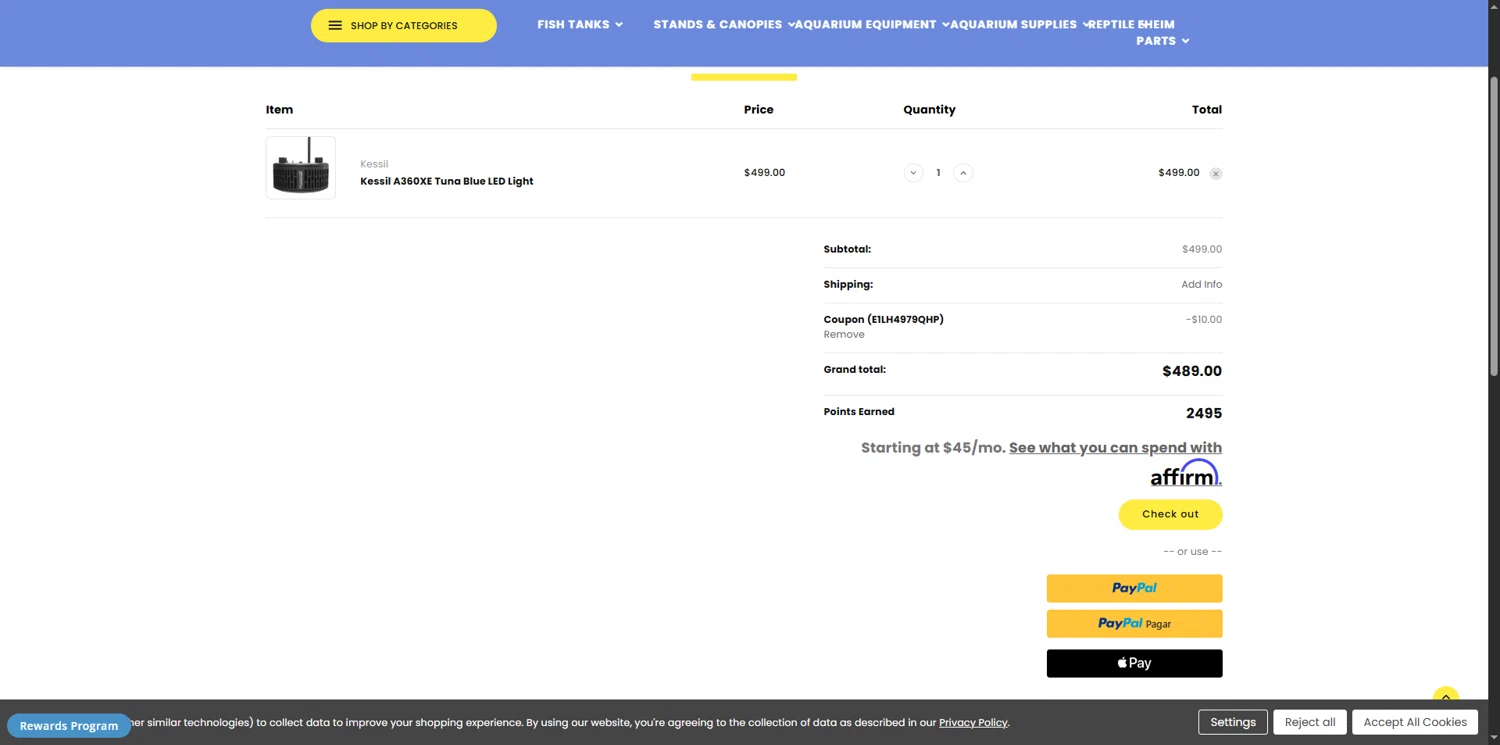 Fish Tanks Direct promo code screenshot showing code E1LH4979QHP applied at Fish Tanks Direct checkout page. Uploaded by SimplyCodes community member CrownWhiz8114 on Feb 27, 2026