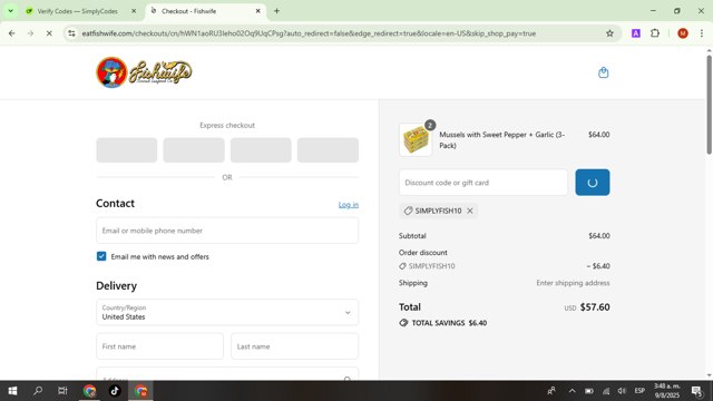 Fishwife checkout page showing Fishwife discount code box | Screenshot taken by SimplyCodes community member on Aug 9, 2025