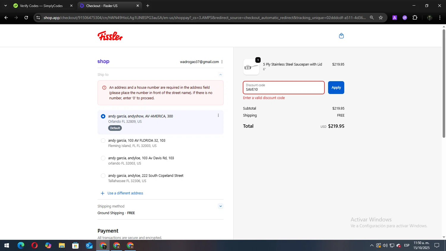Fissler US promo code screenshot showing code SAVE10 applied at Fissler US checkout page. Uploaded by SimplyCodes community member Andy2323 on Oct 15, 2025