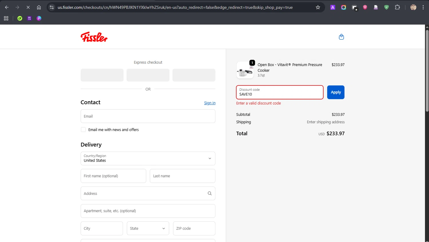 Fissler US promo code screenshot showing code SAVE10 applied at Fissler US checkout page. Uploaded by SimplyCodes community member ROCKSORD_2 on Oct 15, 2025