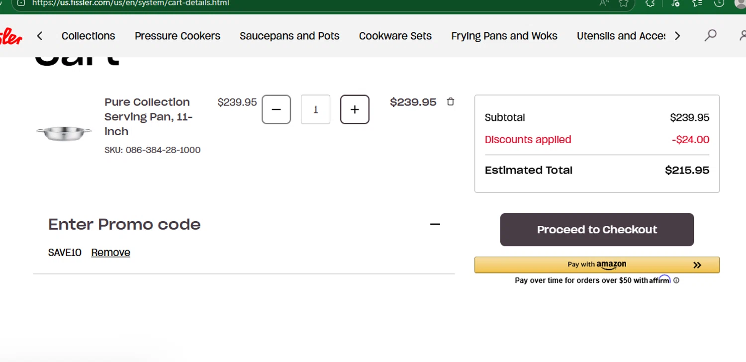 Fissler US promo code screenshot showing code SAVE10 applied at Fissler US checkout page. Uploaded by SimplyCodes community member chepipro on Oct 11, 2025