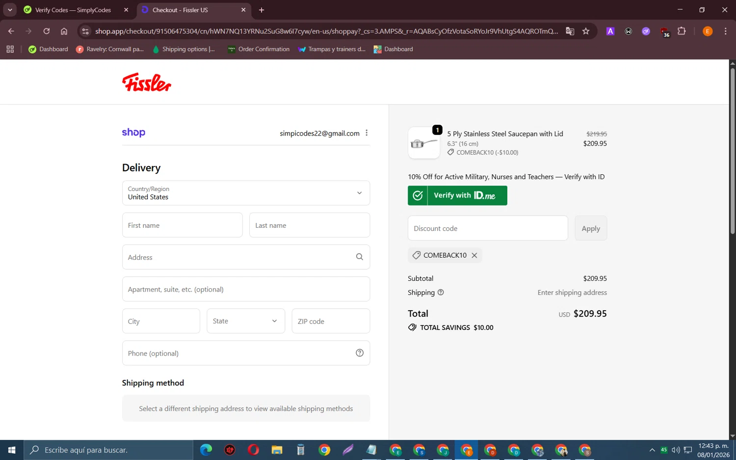 Fissler US checkout page showing Fissler US promo code box | Screenshot taken by SimplyCodes community member on Jan 8, 2026