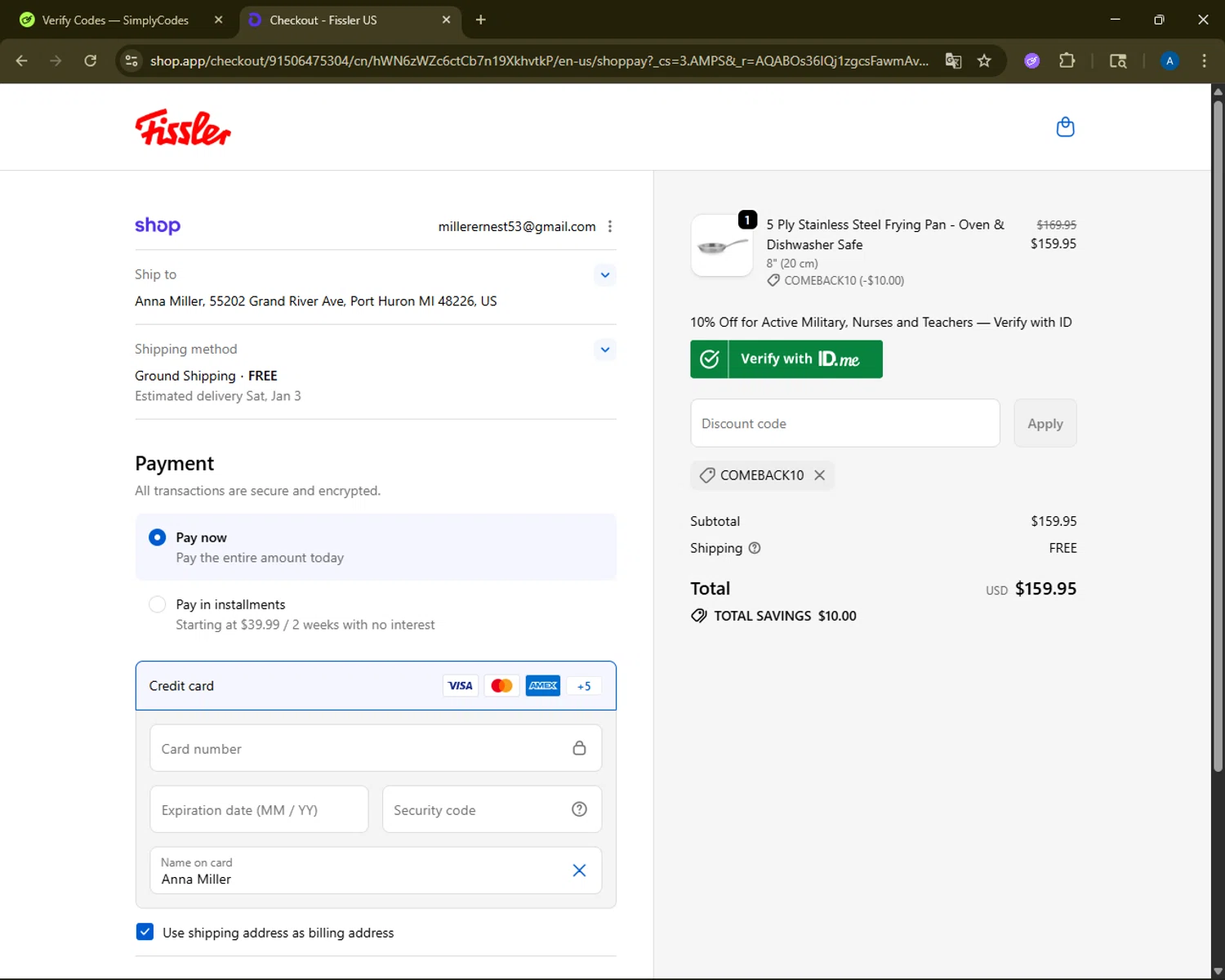 Fissler US promo code screenshot showing code COMEBACK10 applied at Fissler US checkout page. Uploaded by SimplyCodes community member ShrewdMaestro6940 on Dec 29, 2025