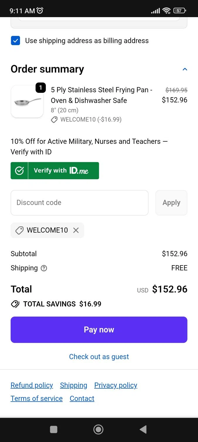Fissler US promo code screenshot showing code WELCOME10 applied at Fissler US checkout page. Uploaded by SimplyCodes community member BargainPioneer8286 on Dec 29, 2025