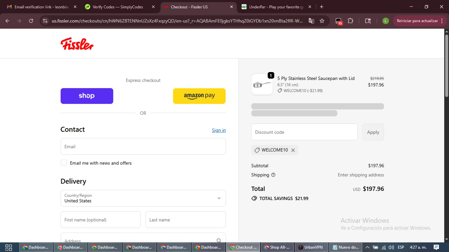 Fissler US promo code screenshot showing code WELCOME10 applied at Fissler US checkout page. Uploaded by SimplyCodes community member CleverFalcon7682 on Dec 18, 2025
