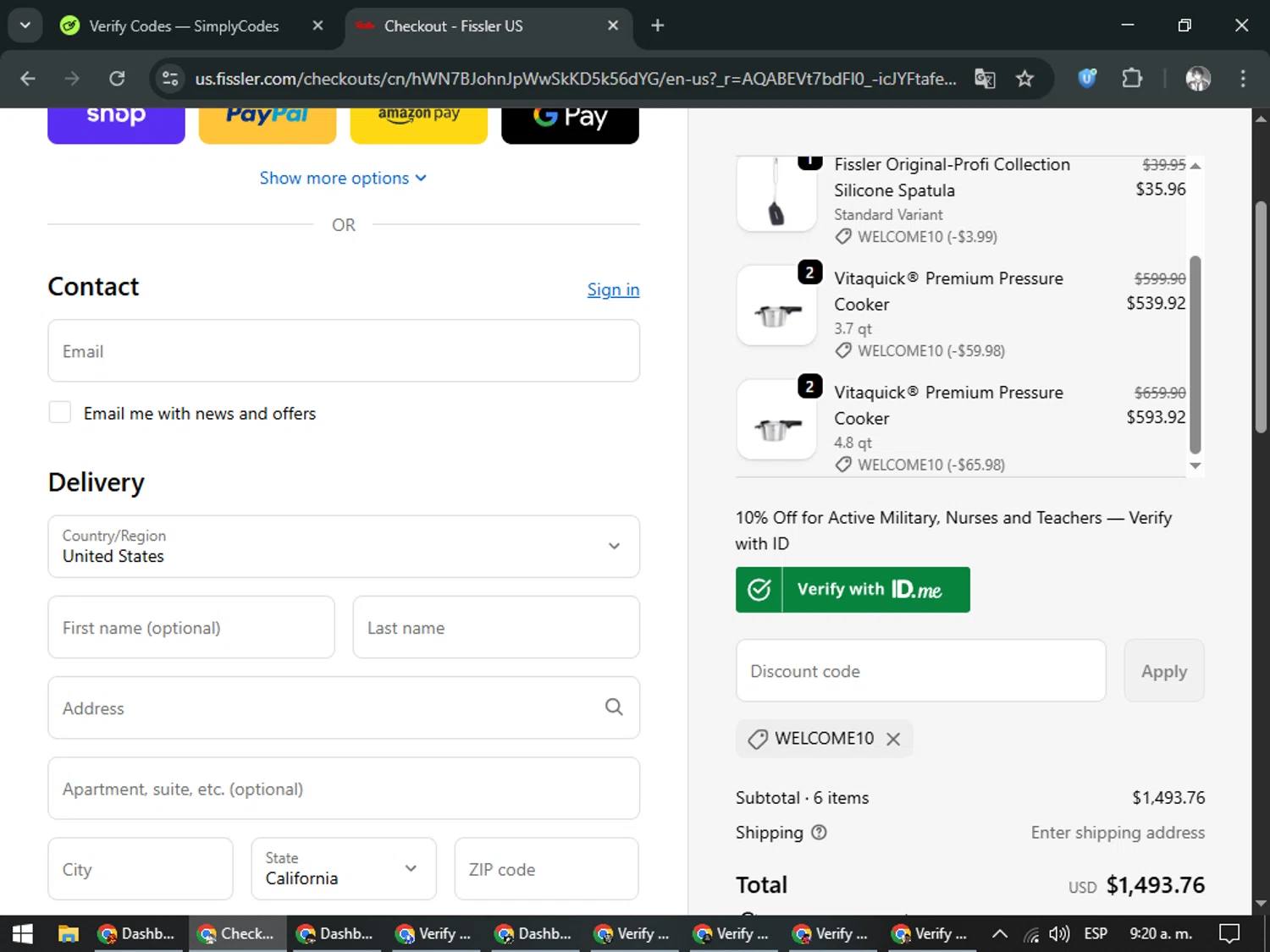 Fissler US checkout page showing Fissler US promo code box | Screenshot taken by SimplyCodes community member on Jan 3, 2026