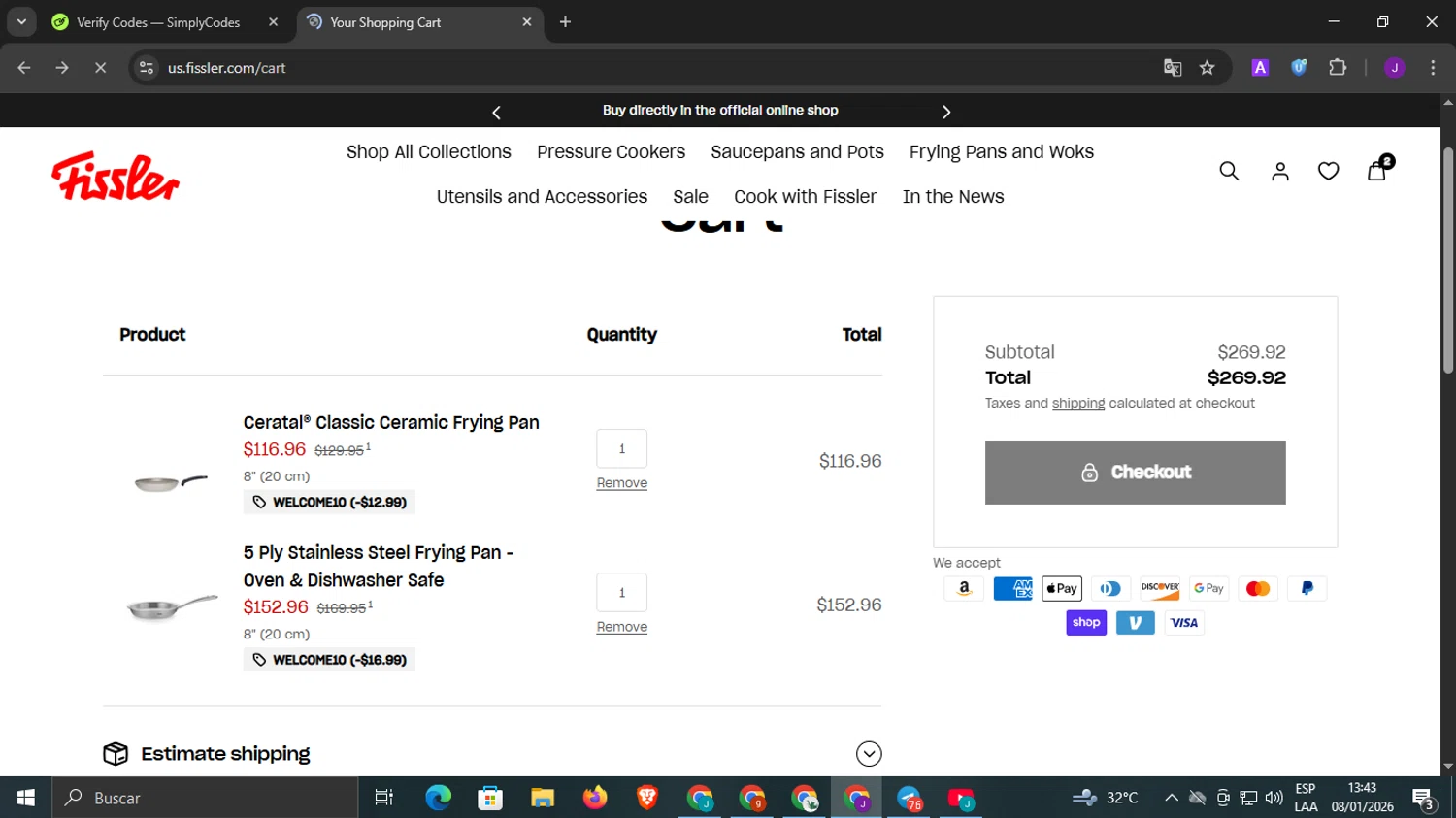 Fissler US checkout page showing Fissler US promo code box | Screenshot taken by SimplyCodes community member on Jan 8, 2026