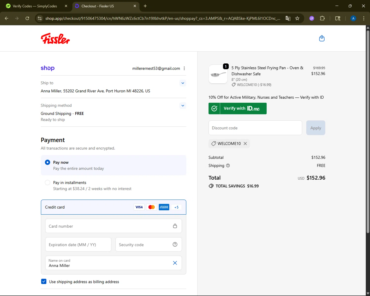 Fissler US checkout page showing Fissler US promo code box | Screenshot taken by SimplyCodes community member on Jan 3, 2026