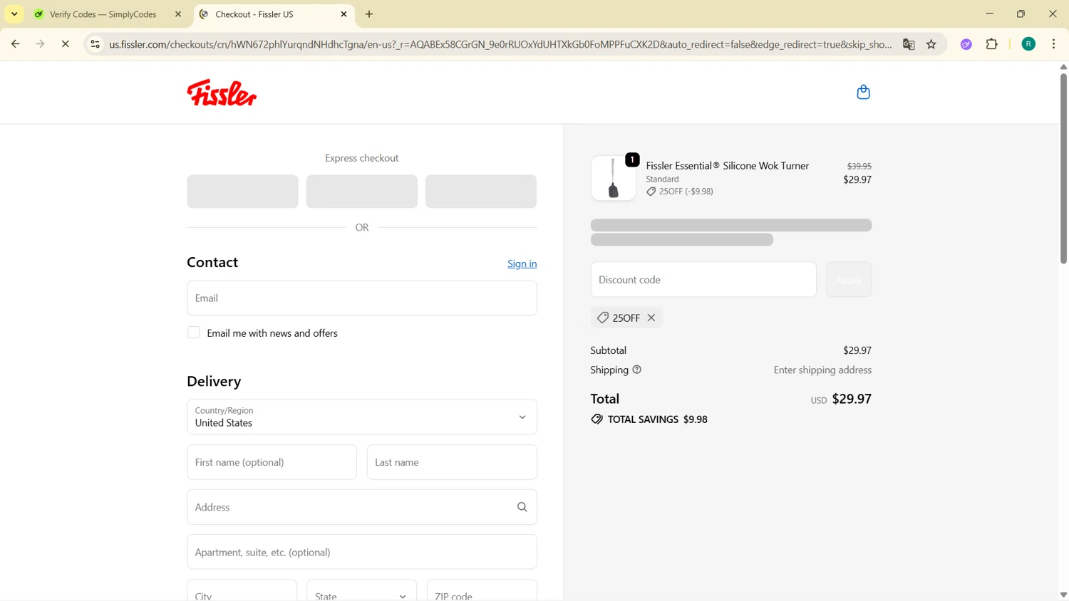 Fissler US promo code screenshot showing code 25OFF applied at Fissler US checkout page. Uploaded by SimplyCodes community member BargainMonarch6495 on Dec 6, 2025