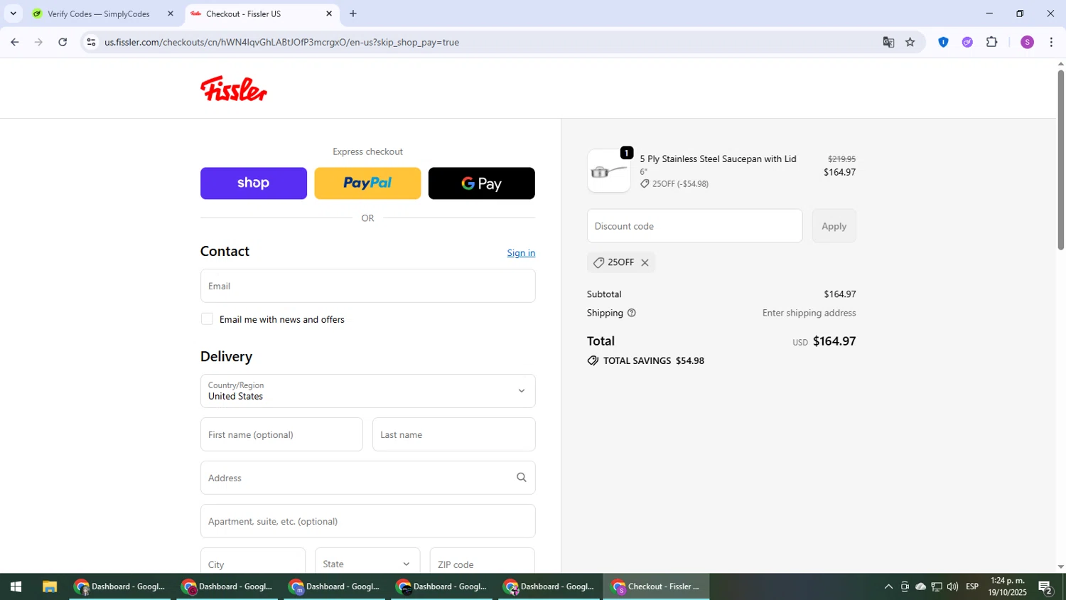 Fissler US promo code screenshot showing code 25OFF applied at Fissler US checkout page. Uploaded by SimplyCodes community member Son_Goku on Oct 19, 2025