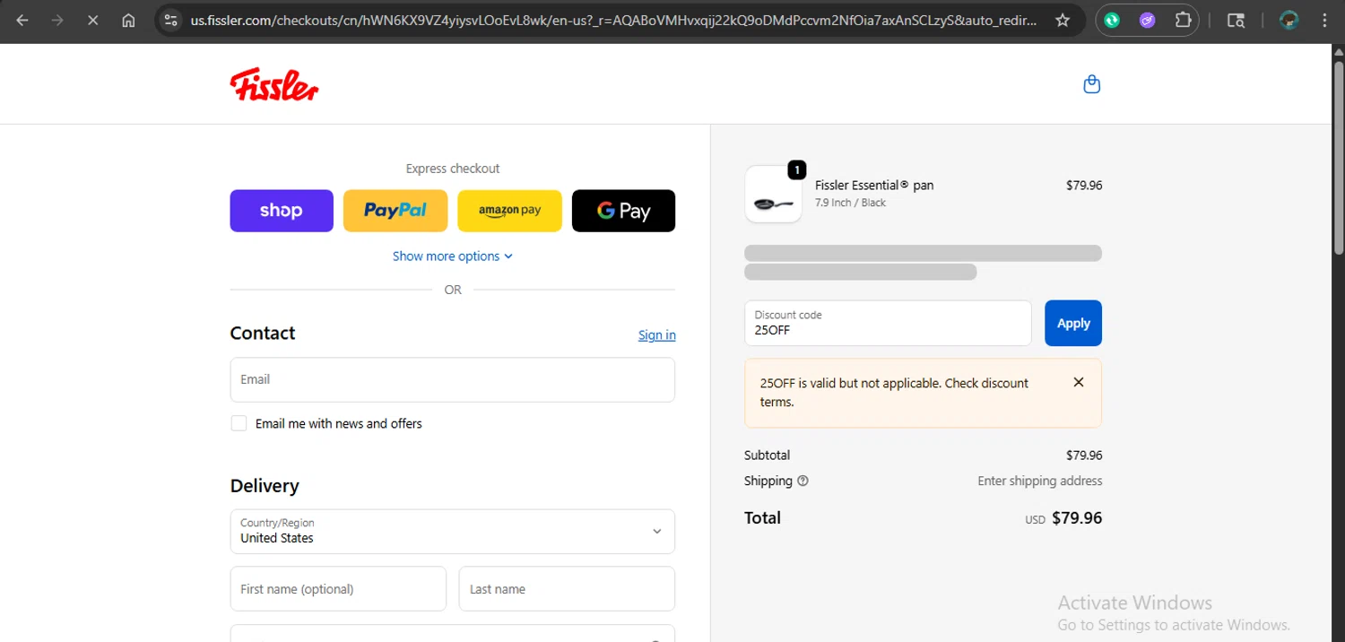 Fissler US promo code screenshot showing code 25OFF applied at Fissler US checkout page. Uploaded by SimplyCodes community member xAngel on Dec 12, 2025