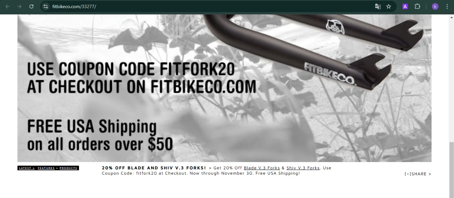 Fitbikeco. coupon code screenshot showing code fitfork20 applied at Fitbikeco. checkout page. Uploaded by SimplyCodes community member SwiftLynx6587 on Feb 23, 2025