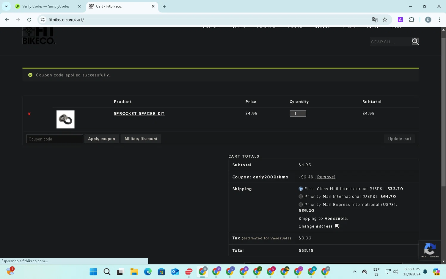 Fitbikeco. checkout page showing Fitbikeco. coupon code box | Screenshot taken by SimplyCodes community member on Sep 12, 2024
