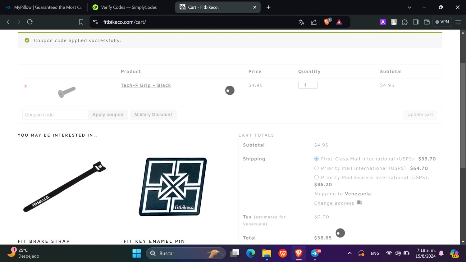 Fitbikeco. checkout page showing Fitbikeco. coupon code box | Screenshot taken by SimplyCodes community member on Aug 15, 2024