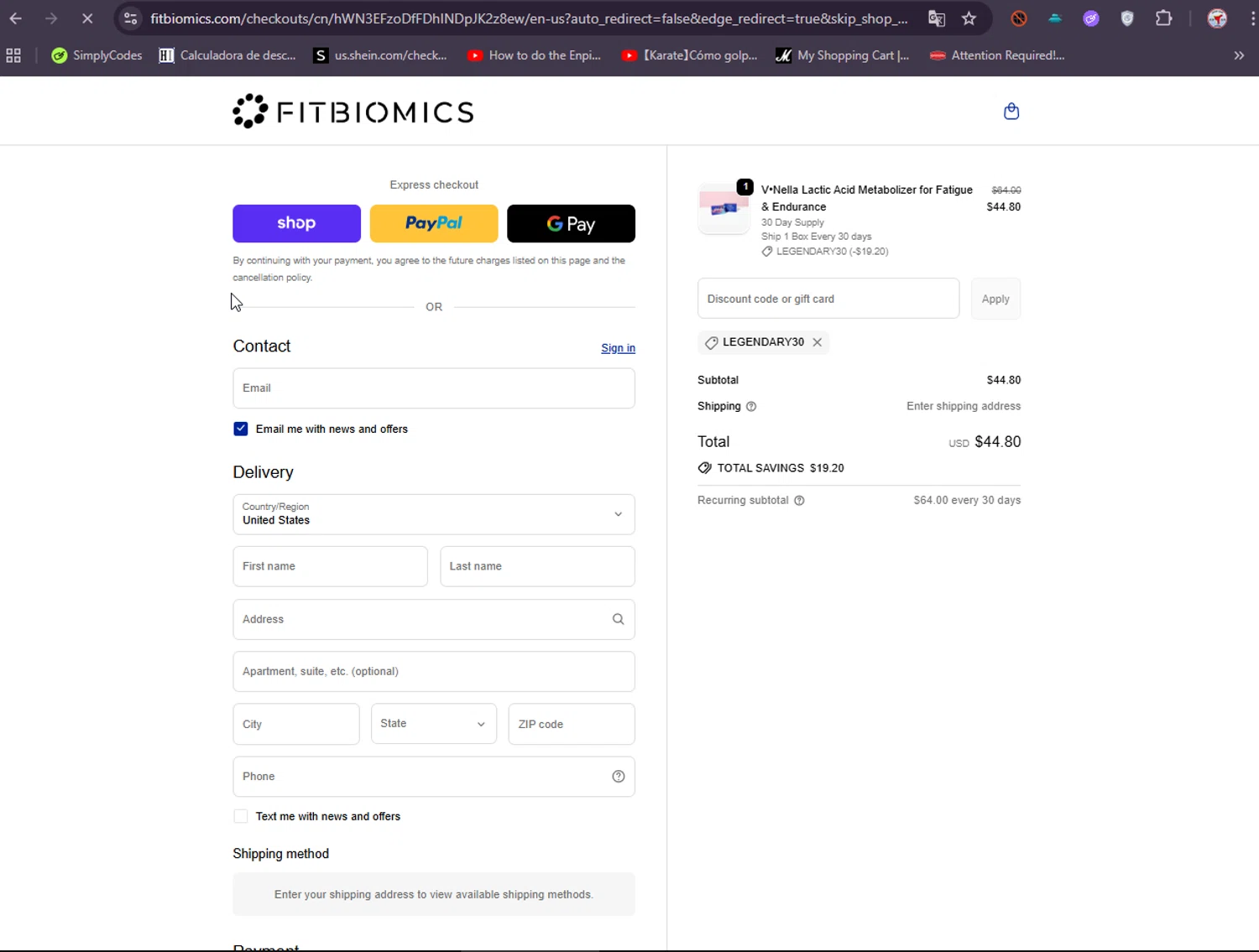 Fitbiomics promo code screenshot showing code LEGENDARY30 applied at Fitbiomics checkout page. Uploaded by SimplyCodes community member ElIntrepidoVolador on Sep 21, 2025