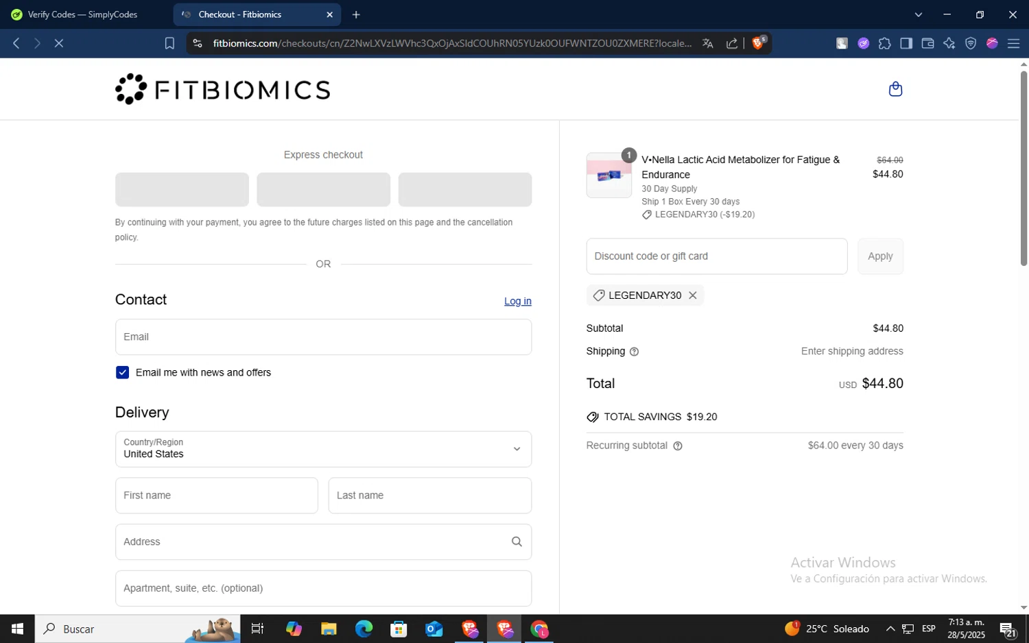 Fitbiomics promo code screenshot showing code LEGENDARY30 applied at Fitbiomics checkout page. Uploaded by SimplyCodes community member TokenSaver1205 on May 28, 2025