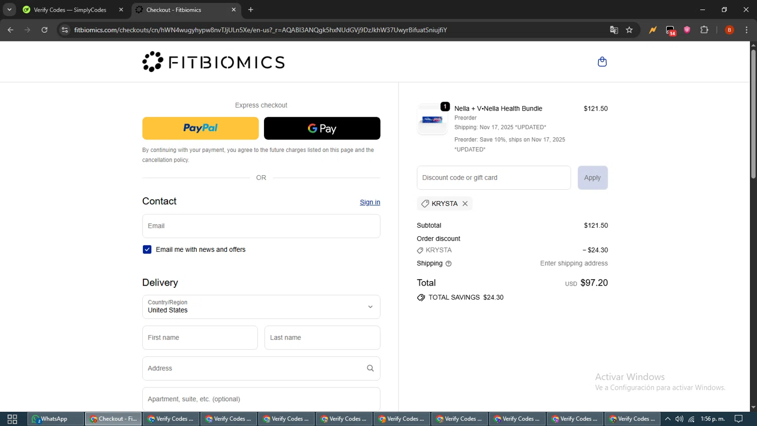 Fitbiomics promo code screenshot showing code KRYSTA applied at Fitbiomics checkout page. Uploaded by SimplyCodes community member BrilliantLynx7174 on Nov 5, 2025
