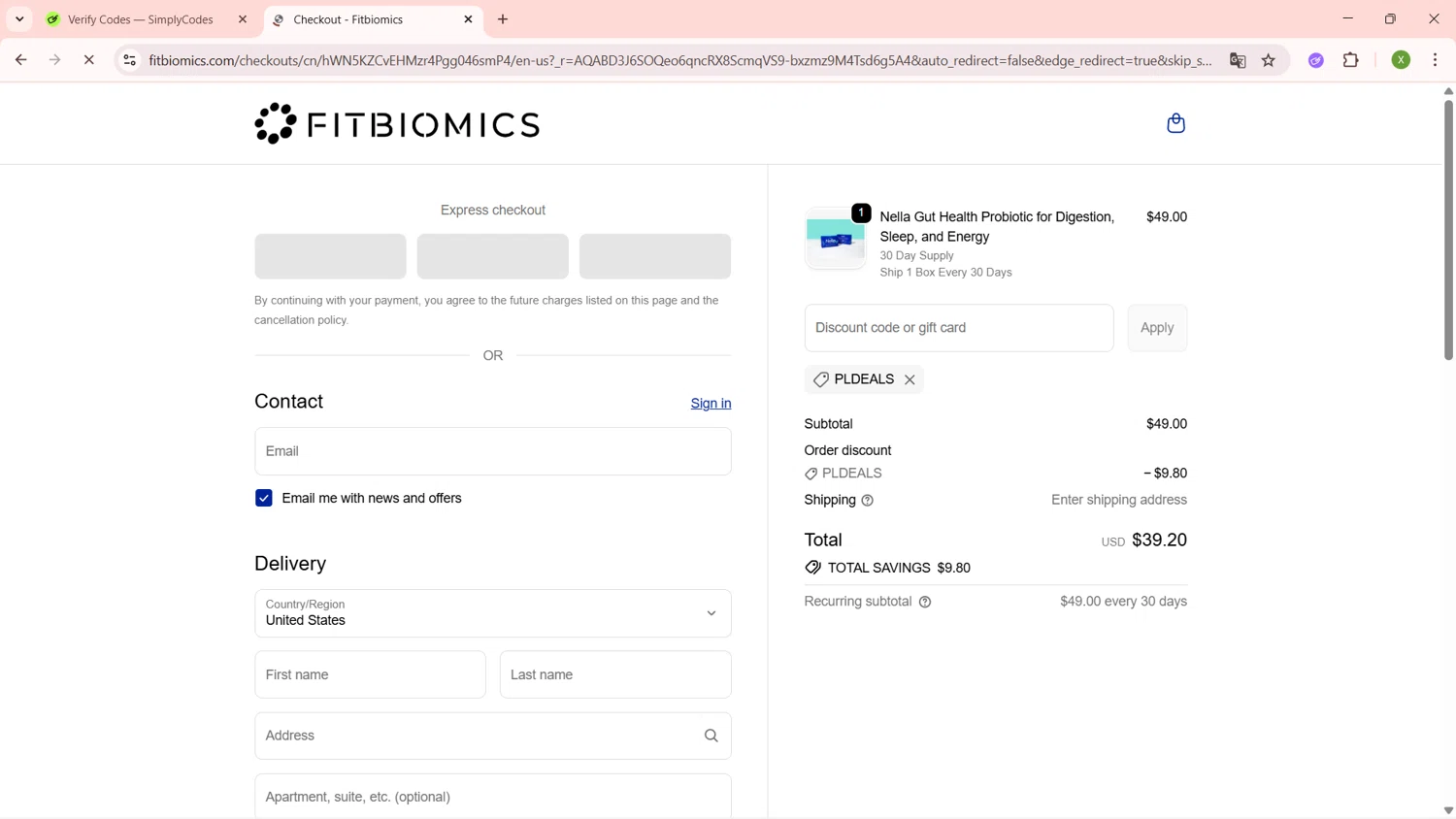 Fitbiomics promo code screenshot showing code PLDEALS applied at Fitbiomics checkout page. Uploaded by SimplyCodes community member SaleTiger1087 on Nov 15, 2025