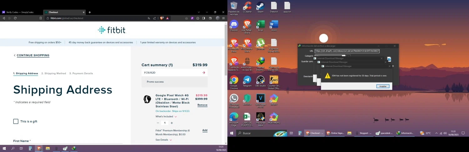 Fitbit checkout page showing Fitbit promo code box | Screenshot taken by SimplyCodes community member on Aug 16, 2023