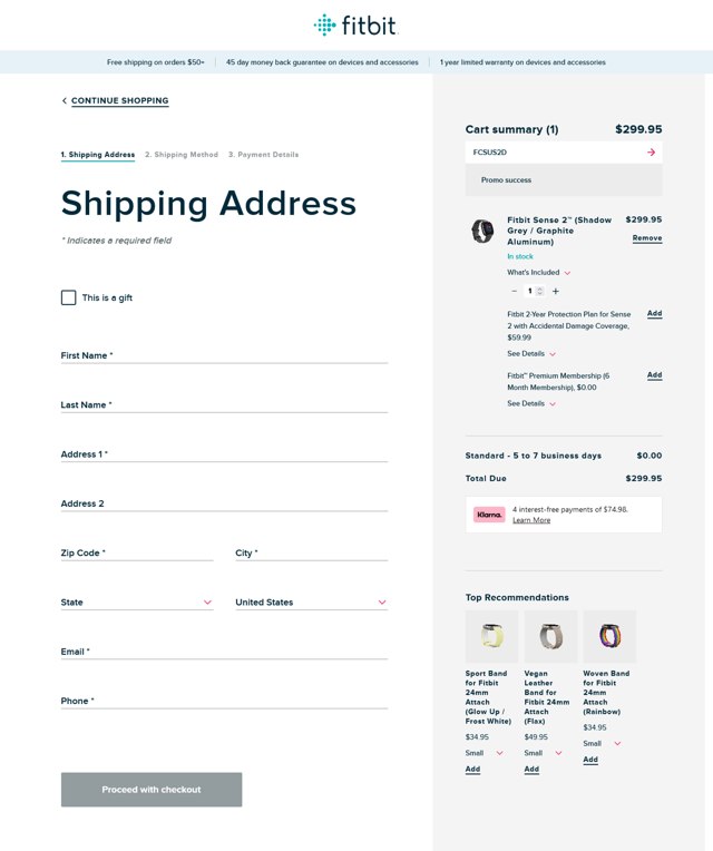 Fitbit checkout page showing Fitbit promo code box | Screenshot taken by SimplyCodes community member on Oct 4, 2023