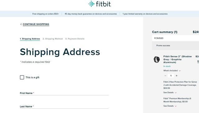 Fitbit checkout page showing Fitbit promo code box | Screenshot taken by SimplyCodes community member on Oct 22, 2023