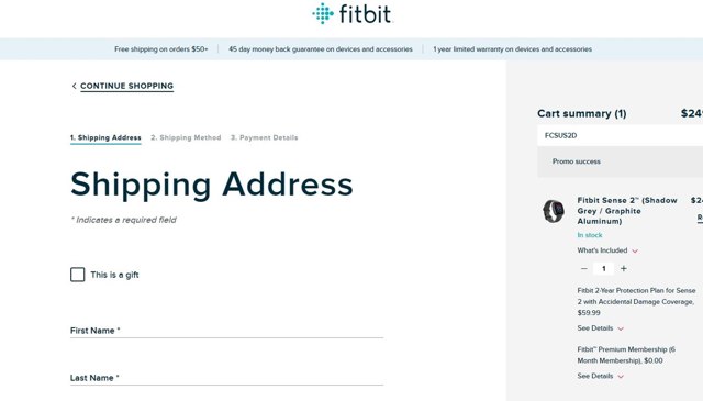Fitbit checkout page showing Fitbit promo code box | Screenshot taken by SimplyCodes community member on Oct 22, 2023