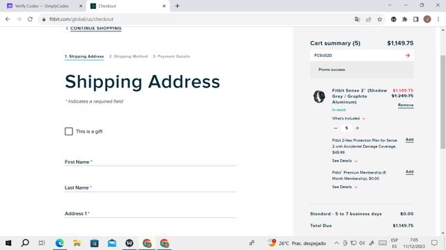 Fitbit checkout page showing Fitbit promo code box | Screenshot taken by SimplyCodes community member on Dec 11, 2023