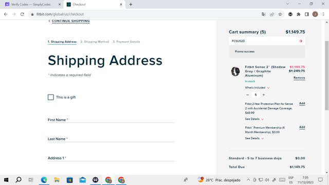 Fitbit checkout page showing Fitbit promo code box | Screenshot taken by SimplyCodes community member on Dec 11, 2023