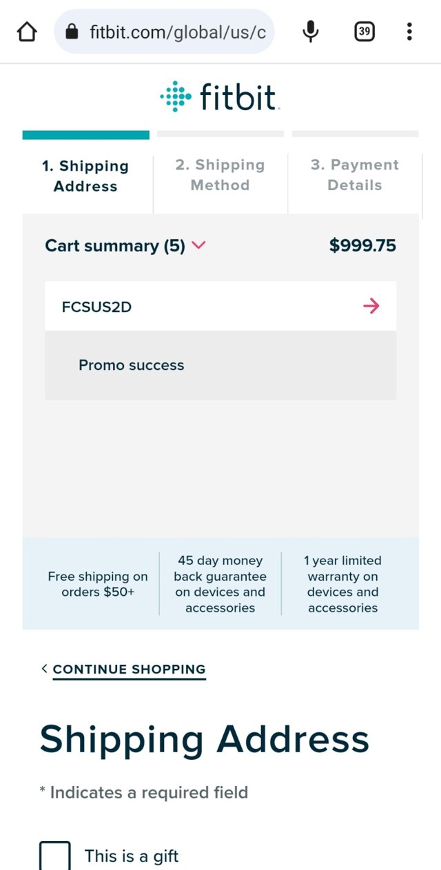 Fitbit checkout page showing Fitbit promo code box | Screenshot taken by SimplyCodes community member on Aug 9, 2023