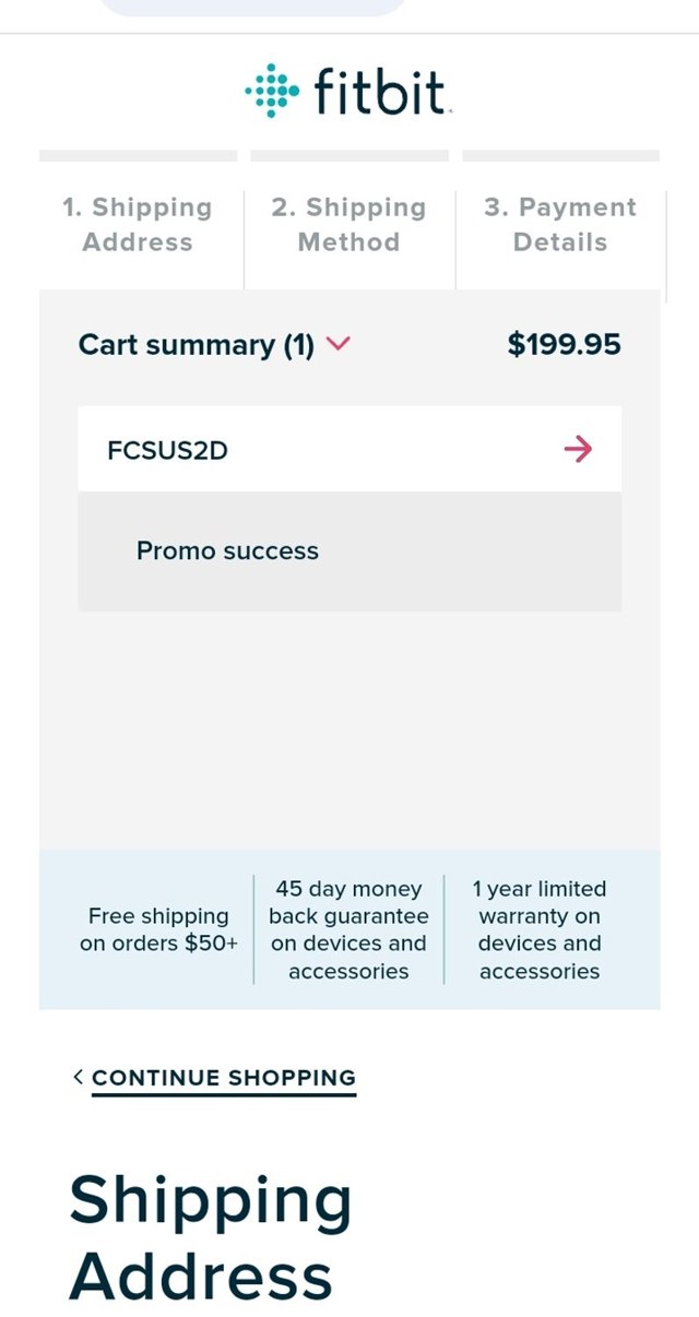Fitbit checkout page showing Fitbit promo code box | Screenshot taken by SimplyCodes community member on Jan 9, 2024