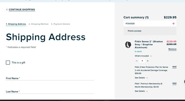 Fitbit checkout page showing Fitbit promo code box | Screenshot taken by SimplyCodes community member on Aug 24, 2023