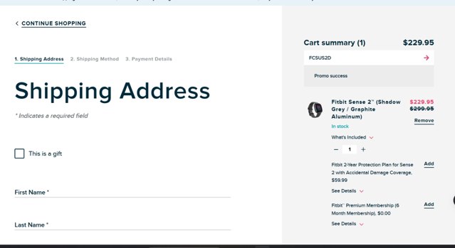 Fitbit checkout page showing Fitbit promo code box | Screenshot taken by SimplyCodes community member on Aug 24, 2023