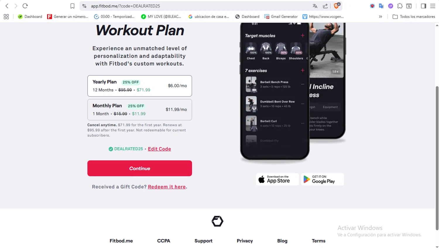 Fitbod promo code screenshot showing code DEALRATED25 applied at Fitbod checkout page. Uploaded by SimplyCodes community member VoucherFalcon3942 on Feb 17, 2026