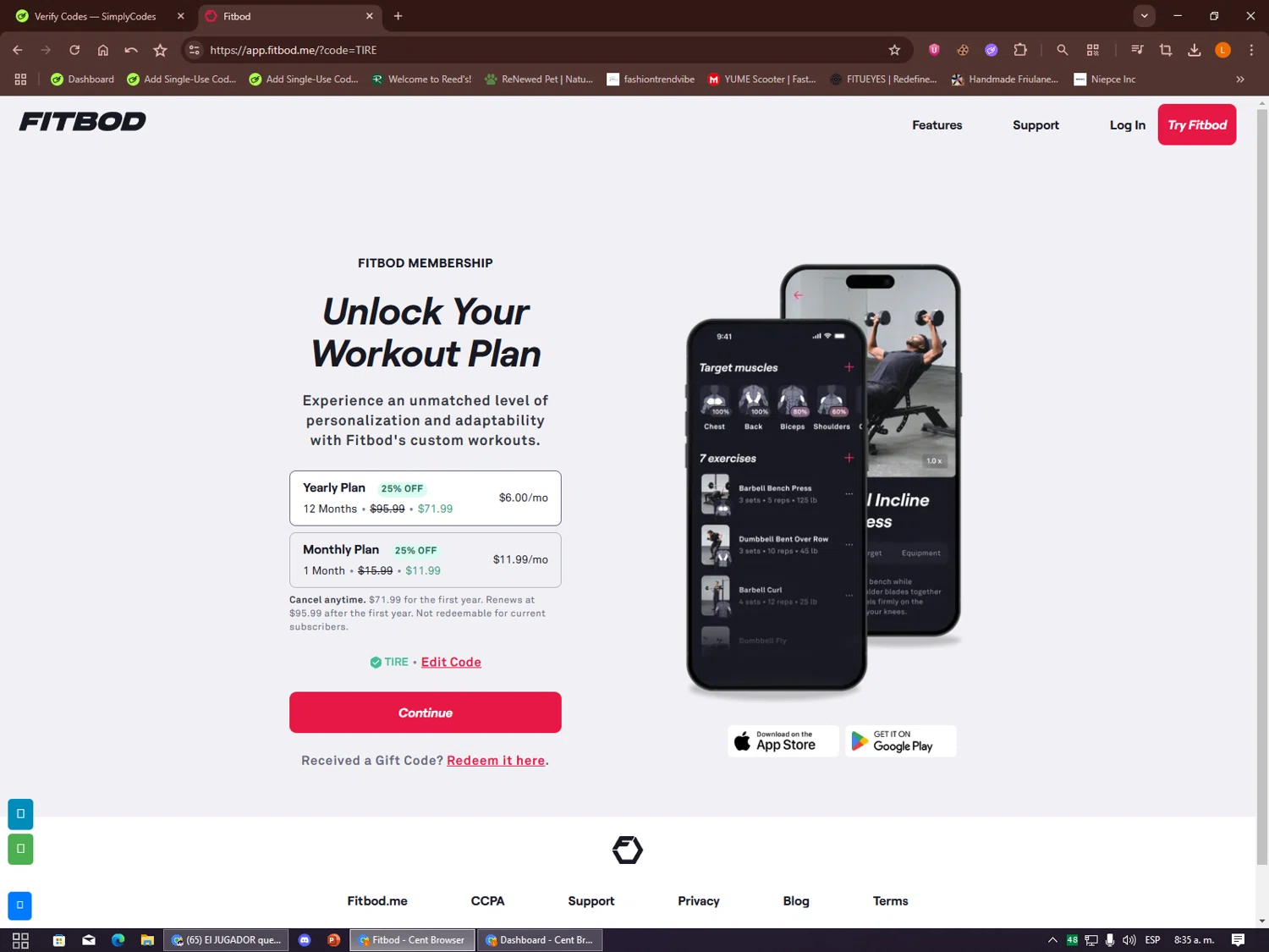 Fitbod promo code screenshot showing code TIRE applied at Fitbod checkout page. Uploaded by SimplyCodes community member Alalee on Dec 21, 2025