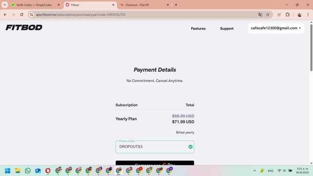 Fitbod checkout page showing Fitbod promo code box | Screenshot taken by SimplyCodes community member on Aug 30, 2025