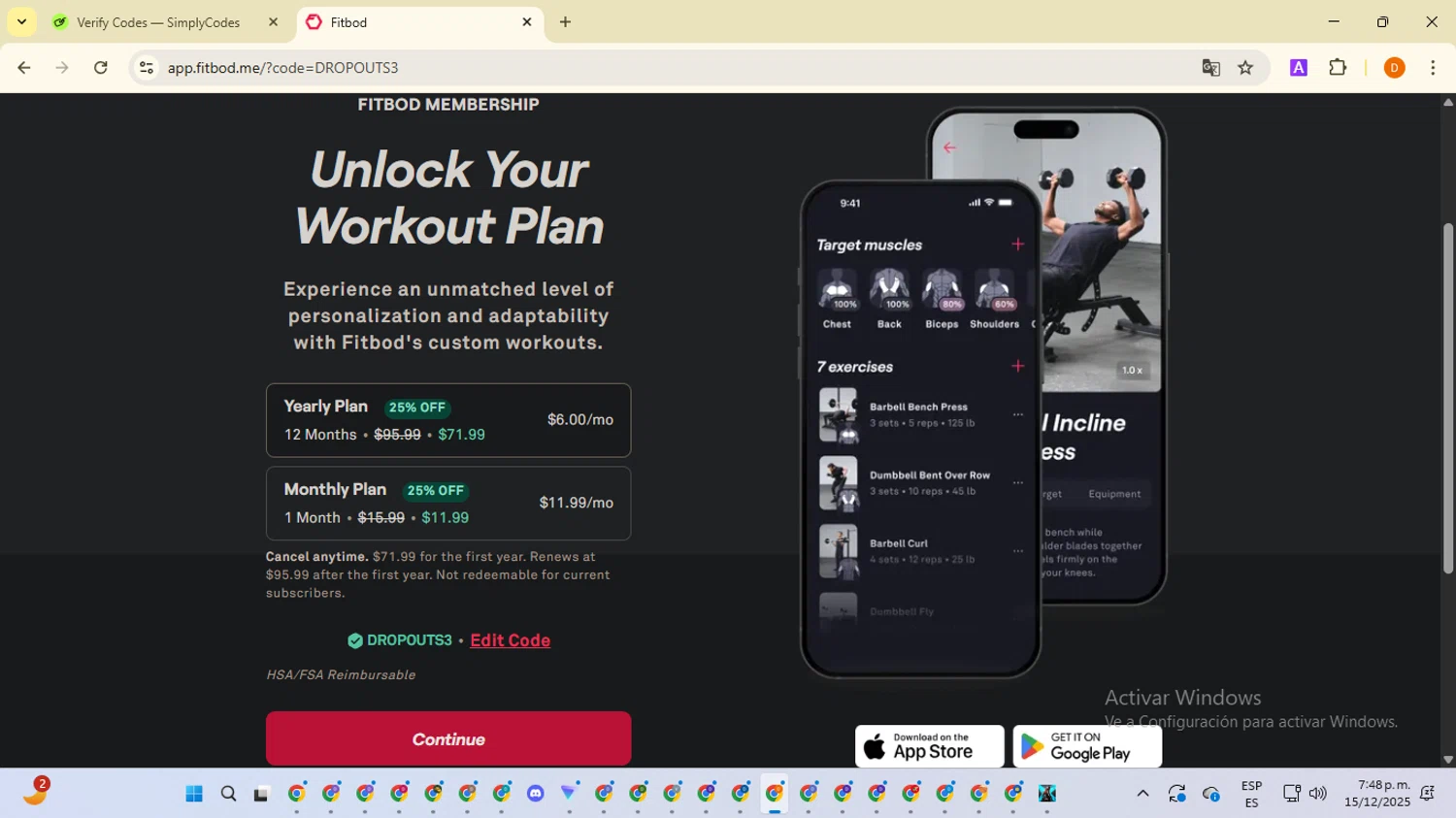 Fitbod promo code screenshot showing code DROPOUTS3 applied at Fitbod checkout page. Uploaded by SimplyCodes community member SavingsMaverick3203 on Dec 15, 2025