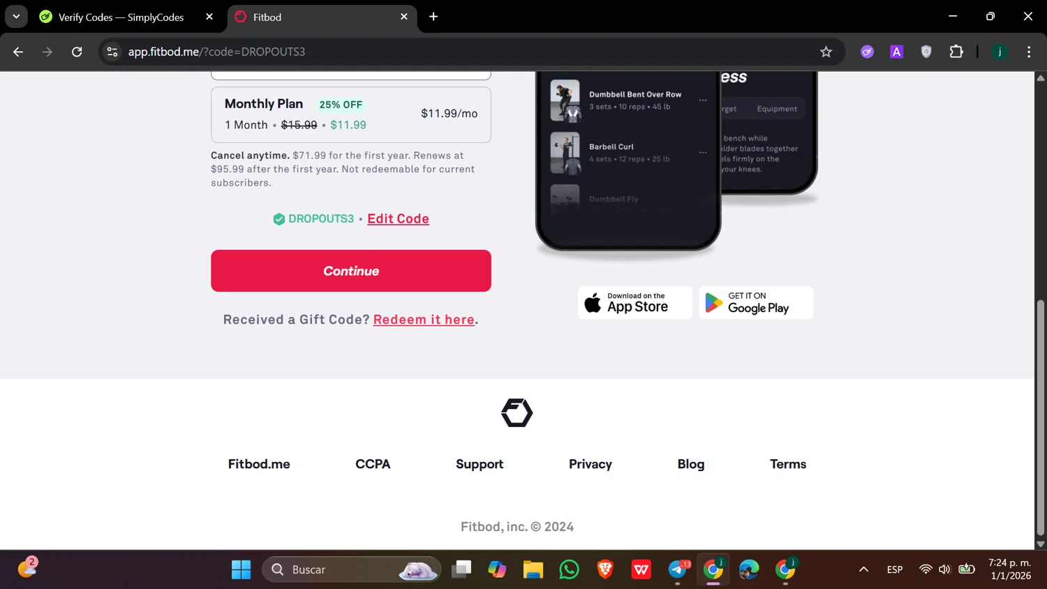 Fitbod promo code screenshot showing code DROPOUTS3 applied at Fitbod checkout page. Uploaded by SimplyCodes community member hanzell03 on Jan 1, 2026