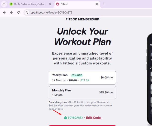 Fitbod checkout page showing Fitbod promo code box | Screenshot taken by SimplyCodes community member on Sep 3, 2025