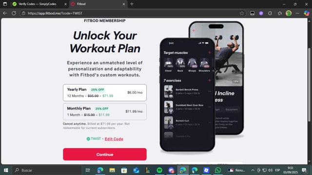 Fitbod checkout page showing Fitbod promo code box | Screenshot taken by SimplyCodes community member on Sep 3, 2025