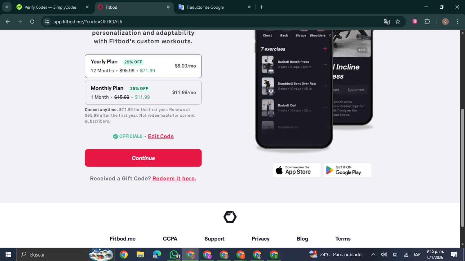 Fitbod promo code screenshot showing code OFFICIAL6 applied at Fitbod checkout page. Uploaded by SimplyCodes community member NobleExpert6497 on Jan 7, 2026