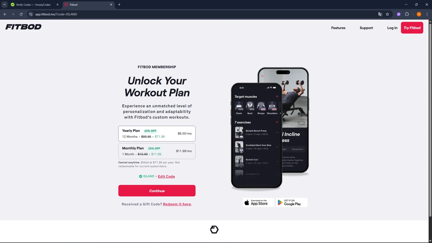 Fitbod promo code screenshot showing code ISLAND applied at Fitbod checkout page. Uploaded by SimplyCodes community member FrugalFalcon351 on Jan 31, 2026