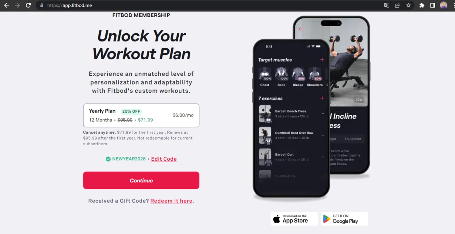 Fitbod promo code screenshot showing code NEWYEAR2026 applied at Fitbod checkout page. Uploaded by SimplyCodes community member HUNTER1406 on Jan 4, 2026