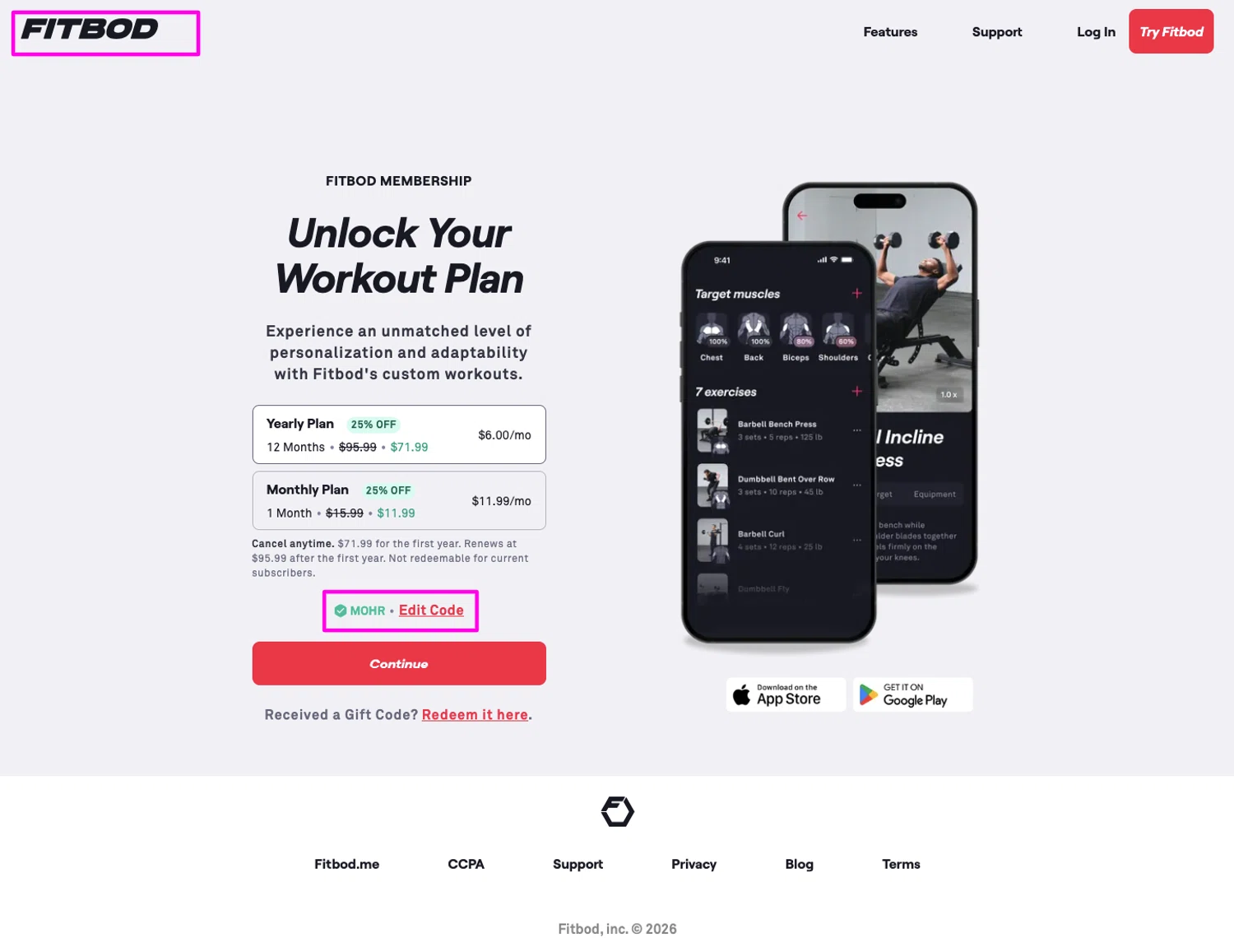 Fitbod promo code screenshot showing code MOHR applied at Fitbod checkout page. Uploaded by SimplyCodes community member mrdarcy on May 29, 2026