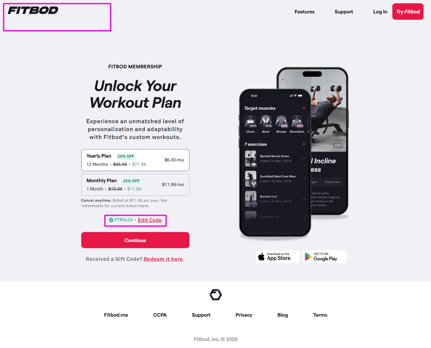 Fitbod promo code screenshot showing code FTRVL25 applied at Fitbod checkout page. Uploaded by SimplyCodes community member mrdarcy on Feb 12, 2026
