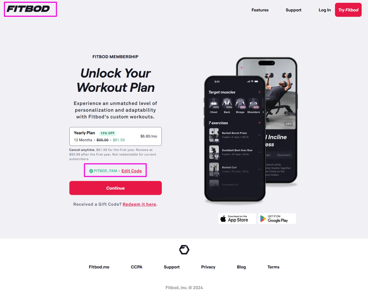 Fitbod promo code screenshot showing code FITBOD_FAM applied at Fitbod checkout page. Uploaded by SimplyCodes community member mrdarcy on Jan 29, 2026