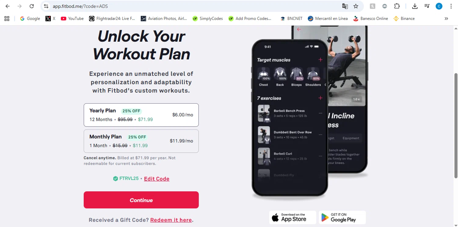 Fitbod promo code screenshot showing code FTRVL25 applied at Fitbod checkout page. Uploaded by SimplyCodes community member victor on Feb 17, 2026